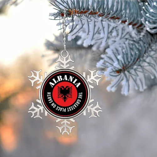 Vista 5 de Adornos de copo de nieve de Albania, adornos para árboles de Navidad, bandera de recuerdo de ciudad, adornos de Navidad personalizados, colgante
