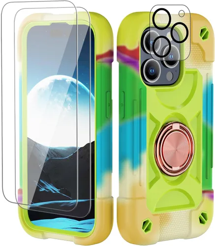Vista 149 de Funda para iPhone 11 de 6.1 pulgadas con soporte de anillo, con 2 protectores de pantalla de vidrio, resistente a los golpes, resistente a