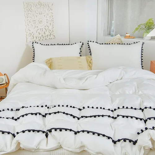 Vista 3 de Juego de funda de edredón de 3 piezas con pompones, color blanco, juego de ropa de cama color negro con flecos de pompones, bohemio, bohemio Pompón