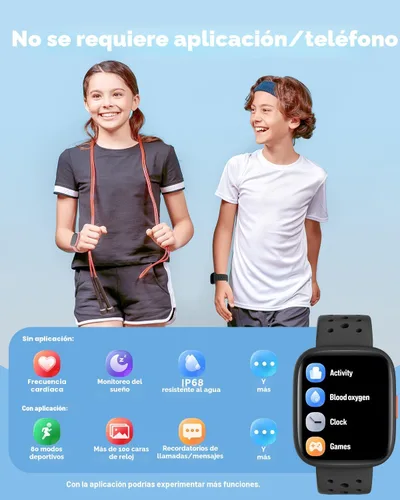 Vista 2 de Reloj inteligente BIGGERFIVE para niños, rastreador de actividad física de 1.8", podómetro, frecuencia cardíaca, monitor de sueño, IP68 resistente