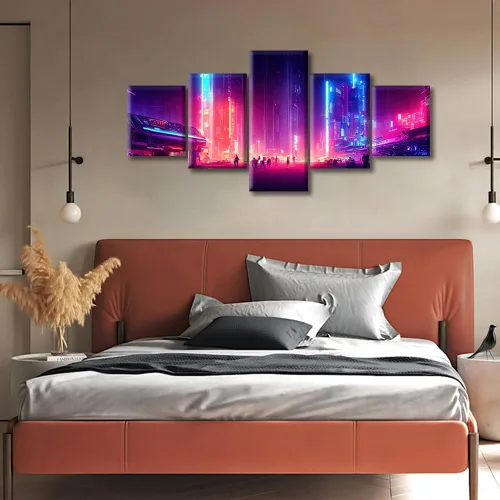 Vista 375 de Cuadros de 5 paneles de Cyberpunk City, arte de pared, representación de vallas publicitarias, edificios modernos en la capital con obras de arte