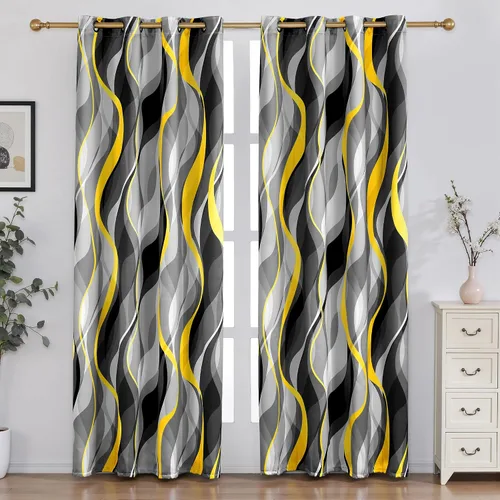 Vista 11 de weesire - Cortinas opacas azules y grises modernas con rayas decorativas, 100% bloqueo de luz, oscurecimiento con ojales, cortina azul para sala