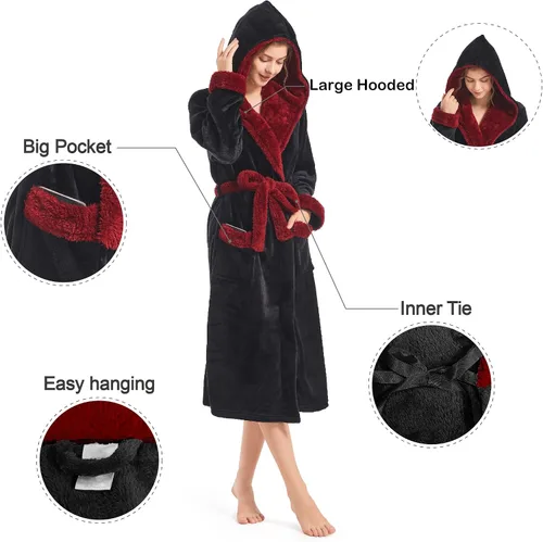 Vista 5 de Inner Wish Bata de felpa con capucha para mujer, de forro polar, acogedora y cálida, bata de spa con bolsillos