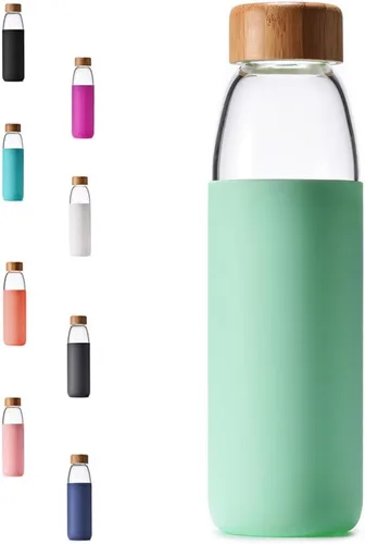 Vista 8 de Botellas de agua de vidrio de borosilicato de 18 onzas con tapa de bambú, sin BPA, funda de silicona antideslizante y tapa a prueba de fugas de Negro