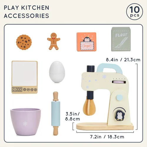 Vista 4 de PairPear Mezclador de juguete de madera para niños, mezclador de cocina con cuenco y accesorios para hornear, juguete de electrodomésticos de cocina