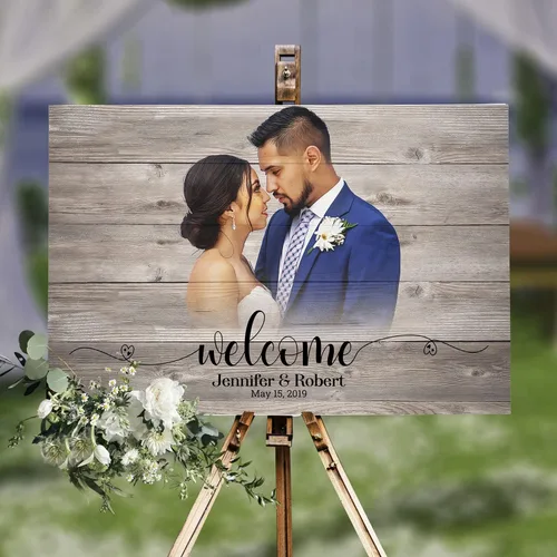 Vista 7 de Letrero de bienvenida de madera rústica Retrato personalizado de la foto Regalo de boda y decoración