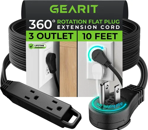Vista 11 de GEARit Cable de extensión de enchufe plano giratorio de 360° de 3 pies, cable de alimentación de perfil bajo de 3 salidas, ahorro de espacio