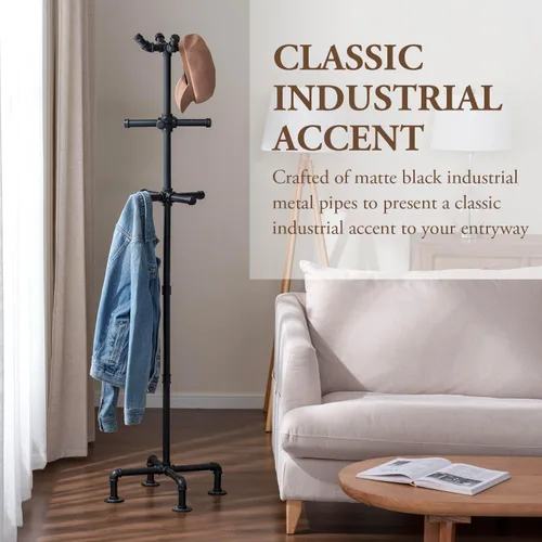Vista 2 de MyGift Perchero industrial de metal negro de 64 pulgadas con diseño de tubo realista y 12 ganchos, organizador de entrada para colgar abrigos