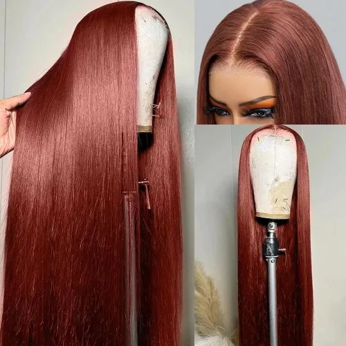 Vista 2 de Pelucas de cabello humano de 28 pulgadas con encaje frontal de color marrón rojizo de 5 x 5, pelucas de cierre de encaje HD para mujeres negras