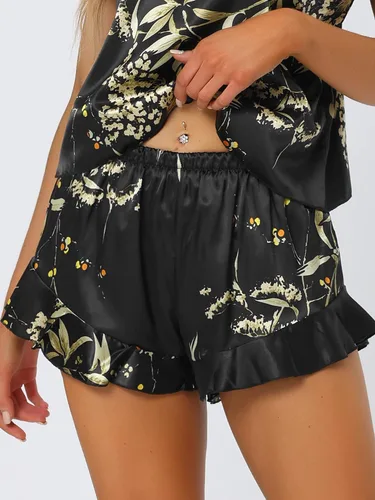 Vista 4 de cheibear Pijamas de satén para mujer, camisola floral con pantalones cortos con volantes 2023 Negro