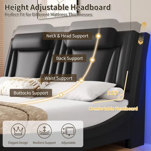 Vista 5 de Keyluv Armazón de cama moderno tapizado con plataforma con cabecera LED ajustable y diseño de curva ondulada y soporte de listones de madera sólida