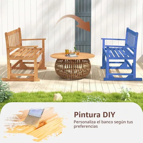 Vista 7 de Tangkula Banco planeador de madera de acacia para 2 personas, resistente 800 libras, sofá biplaza mecedora para patio con asiento y respaldo