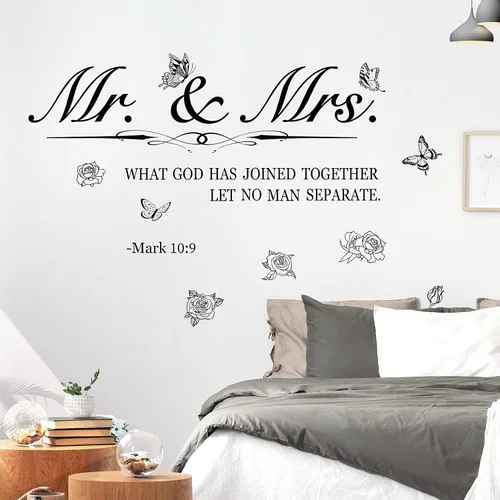 Vista 6 de Calcomanías de pared de Mr. and Mrs. Peel and Stick, refranes de boda, calcomanías de letras artísticas, decoración romántica de aniversario