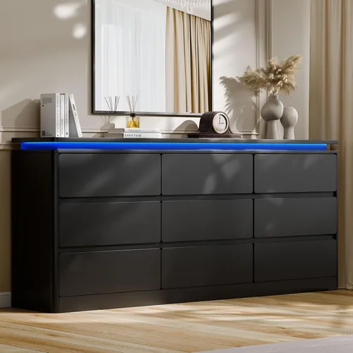 Vista 10 de Gyfimoie Cómoda Negra de 6 Cajones para Dormitorio, Cajonera Larga de 47.2" con Estación de Carga y Luces LED, Gabinete de Almacenamiento de Madera