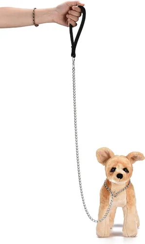 Vista 7 de Correa y collar de metal para perro, cadena a prueba de mordidas de 4 pies con cadena en P, correa resistente para mascotas con mango acolchado