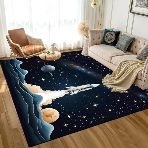 Vista 10 de Alfombra de galaxia de 2 x 3 pies, alfombra espacial para niños y niñas, dormitorio, sala de estar, océano, transbordador, barco, alfombra de noche
