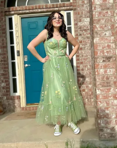 Vista 5 de Basgute Vestidos de graduación de mujer con flores bordadas en tul, longitud al tobillo, corsé, acampanados, de hadas, vestido formal de noche