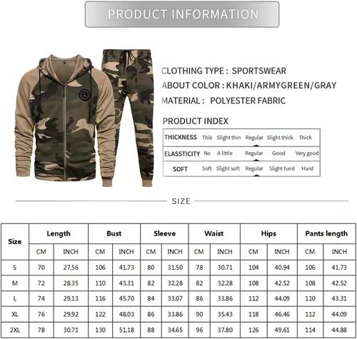 Vista 7 de Conjunto deportivo de 2 piezas con capucha para hombre, casual, cómodo, camuflaje, para hombre