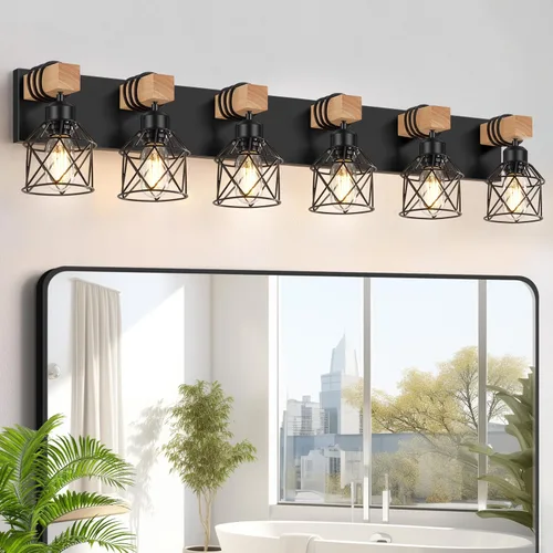 Vista 14 de FadimiKoo Juego de 2 apliques de pared, lámparas de pared de madera de cabecera con interruptor giratorio, lámpara de tocador de baño negra