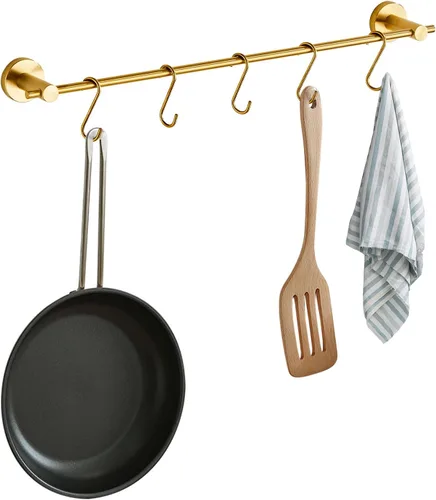 Vista 8 de Toallero de 21.6 pulgadas con 5 ganchos en forma de S, toallero de acero inoxidable negro para baño y baño, montado en la pared, para ollas