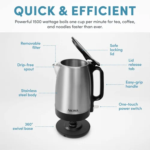 Vista 4 de AROMA® Hervidor eléctrico de 1.7 litros con ebullición rápida y apagado automático en acero inoxidable (AWK-1401SB)