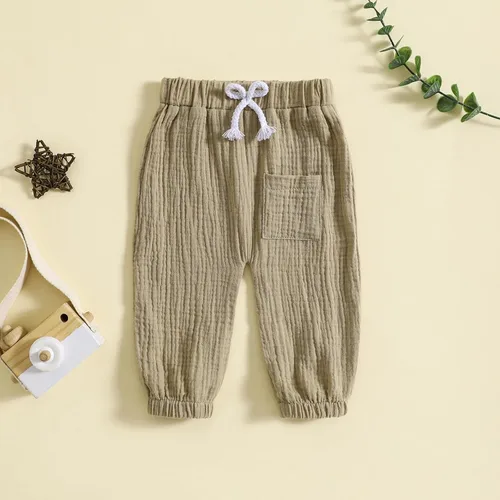 Vista 2 de Pantalones deportivos de algodón y lino para bebé, para bebé, niño, niña, elásticos, básicos, con bolsillo, pantalones largos de harén, ropa de otoño