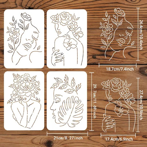 Vista 2 de FINGERINSPIRE 4 plantillas de cara para mujer de 11.7 x 8.3 pulgadas, plantillas de pintura floral femenina, plantillas de plástico para mujer