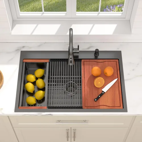 Vista 2 de Dcolora - Fregadero de cocina negro de 30 pulgadas, de montaje superior, con grifo, estación de trabajo de acero inoxidable, cuenco individual