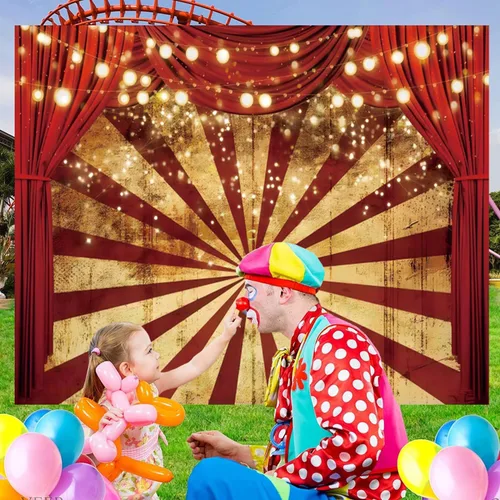 Vista 5 de Telón de fondo de circo de 10 x 8 pies para fiesta temática de carnaval, fondo rojo de cortina para baby shower, fiesta de cumpleaños, pancarta