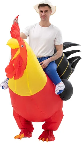 Vista 2 de VURPOKSI Disfraz inflable de gallo para montar con aire, disfraz de gallo, vestido de fiesta, Halloween y Navidad, cosplay, tamaño adulto