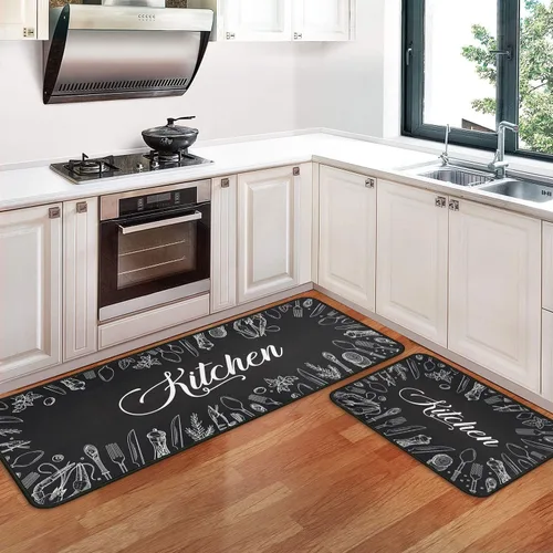 Vista 11 de Alfombras y esteras de cocina con tema de café (2 piezas), alfombra de cocina negra antideslizante lavable, suave, superabsorbente, juego