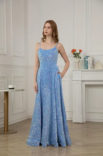 Vista 9 de Tianzhihe Vestidos de fiesta con tirantes delgados, vestidos de fiesta largos con lentejuelas, vestidos de fiesta formales brillantes acampanados