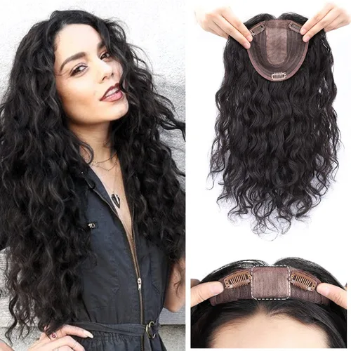 Vista 8 de Peluca de cabello humano rizado natural para mujer, con clip, 5.1 x 5.5 in, parte superior plateada, parte izquierda para cubrir pérdida de cabello
