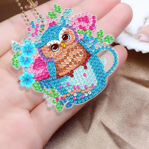 Vista 5 de LUSandy Juego de 6 llaveros de pintura de diamante con diseño de búho y flores azules 5D para adultos, diseño especial de búho de doble cara