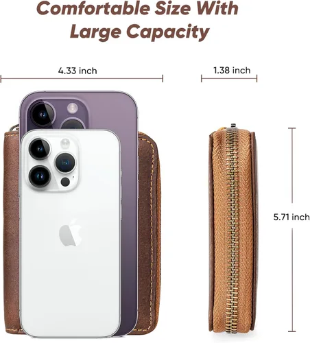 Vista 5 de KE'VERSO Cartera pequeña para tarjetas de crédito, con cremallera para hombres y mujeres, Marrón