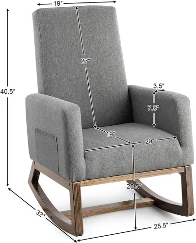 Vista 3 de GIANTEX Mecedora tapizada para sala de estar con respaldo y asiento acolchados, base de madera, mecedora para guardería, oficina en casa y uso Gris