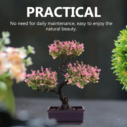 Vista 2 de Cabilock Árbol de bonsái artificial, decoración de bonsái artificial, modelo de planta verde artificial, planta en maceta para el hogar, mesa, Rosa