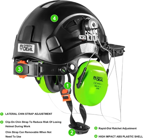 Vista 6 de Casco de Seguridad Forestal para Motosierra con Visera Completa de Policarbonato Transparente y Orejeras 3 en 1 Casco Duro Forestal