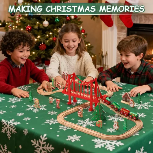 Vista 4 de SainSmart Jr. Juego de tren de madera de 50 piezas, tren de juguete con exquisita caja, juego de pista de tren de madera apto para las principales