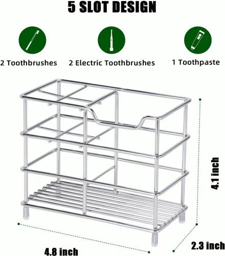Vista 2 de Soporte para cepillo de dientes de baño de acero inoxidable, soporte eléctrico para pasta de dientes, con 5 ranuras multifuncionales