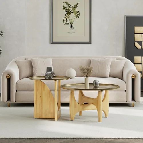 Vista 8 de ACEDÉCOR Mesa auxiliar redonda de 30 pulgadas, mesa central dorada cepillada con bandeja de borde bajo y base de madera maciza en X para sala