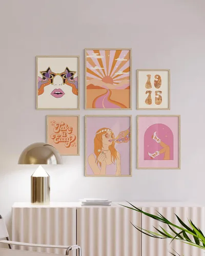 Vista 5 de HAUS AND HUES Decoración de Pared Naranja Arte de Galería Juego de 6 - Pósteres para Estética de Habitación Psicodélica, Arte de Pared Rosa y 70 s