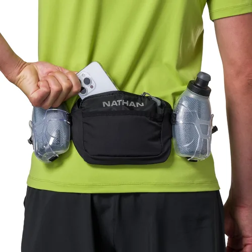 Vista 5 de Nathan Cinturón de Hidratación para Correr con Botellas, Bolsillos de Almacenamiento, Trail Mix Plus, Cinturón de Botella de Agua para Correr, Negro