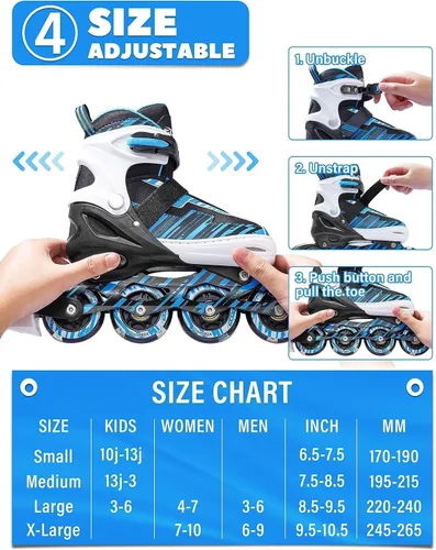 Vista 3 de Patines en línea ajustables para niños y niñas de 5-8 y 8-12 años con ruedas iluminadas, patines para niños de 4-12 años, patines para adolescentes