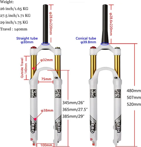 Vista 2 de 26/27.5/29 Inch MTB Air Suspension Forks Travel 140mm, Rebound Adjust 1-1/8" Straight/Tapered Tube QR 9mm Magnesium Alloy Manual/Remote Lockout