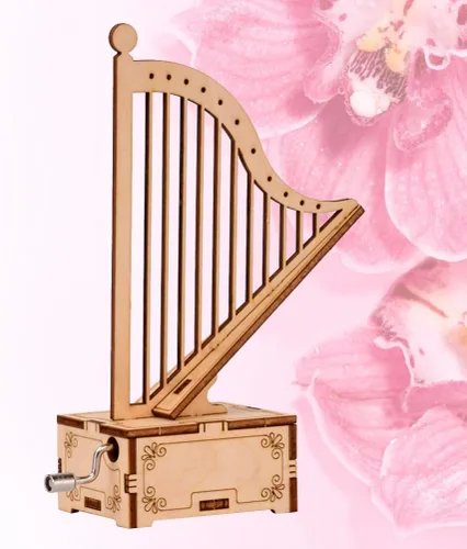 Vista 2 de ibasenice Caja de música con forma de arpa hecha a mano para niños, juguete musical de manivela montada de madera portátil, pequeña caja de música