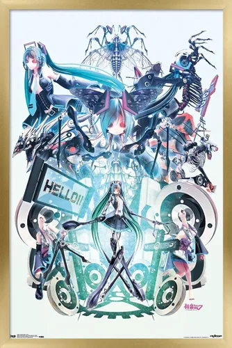 Vista 9 de Trends International Hatsune Miku - Póster de pared Hello, 14.725 x 22.375 pulgadas, versión con marco de madera tipo granero