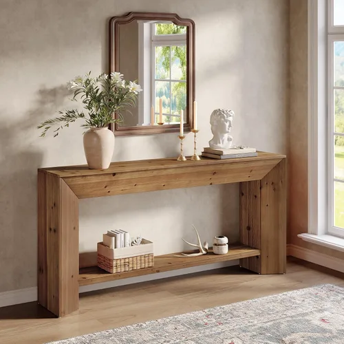 Vista 9 de Mesa consola de madera maciza, mesa de entrada de 63 pulgadas con almacenamiento, mesa de sofá de madera larga de 2 niveles detrás del sofá