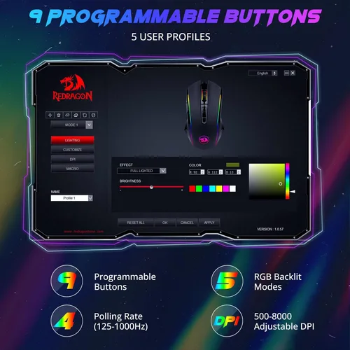 Vista 6 de Redragon Mouse para juegos, mouse para juegos con cable con retroiluminación RGB, 8000 DPI ajustable, mouse con 9 botones macro programables y botón