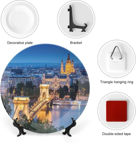 Vista 3 de XISUNYA Plato decorativo de 6 pulgadas, placa de porcelana con paisaje urbano, puente histórico antiguo en Budapest, impresión tradicional europea